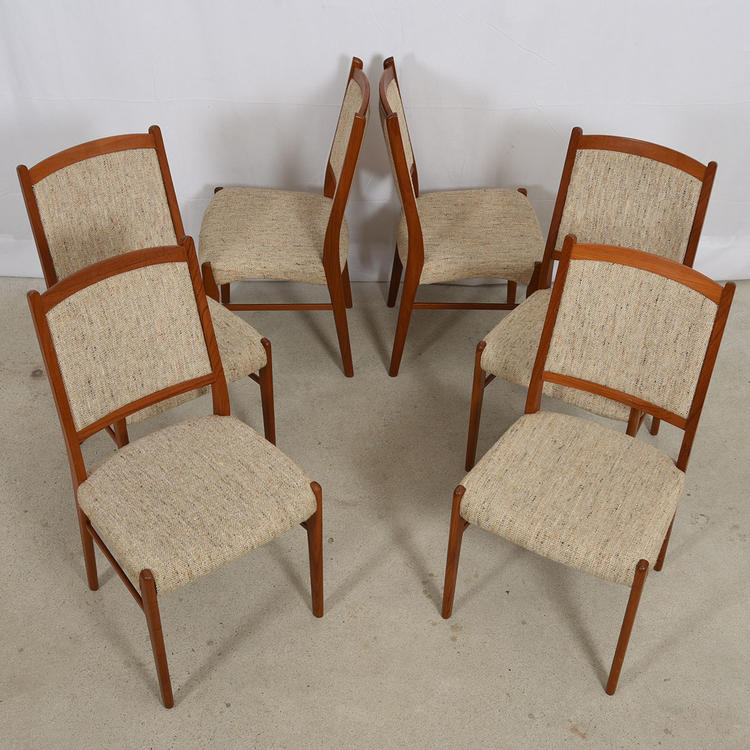 Set of 6 Tall Beige Upholstered Danish Dining Chairs