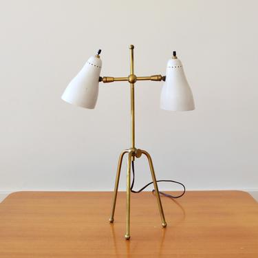 Vintage Italian Brass Tripod Lamp | Modernist Two Head Lamp | Ivory Shade | Mid Century Modern 