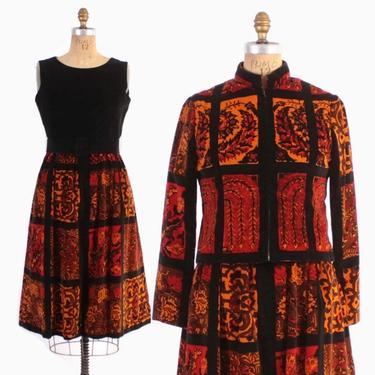 Vintage 60s Oscar De La Renta SET / 1960s Printed Velvet Dress Jacket & Belt ODLR Designer Suit M 