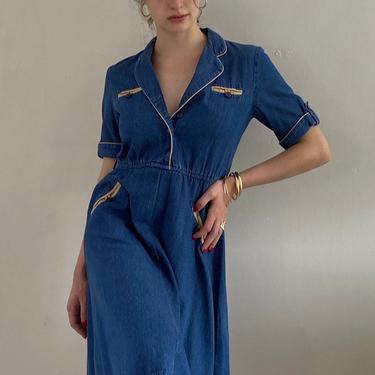 90s denim dress / vintage denim jean button front short sleeve collared notched lapel shirt dress | S 