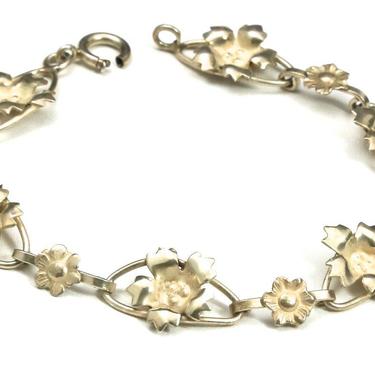 Vintage Art Nouveau Style Flower Link Bracelet Sterling Silver Floral 