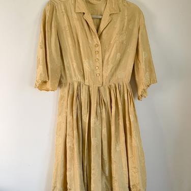 Vintage AS IS 1960s Golden Yellow Silk Rose Shirt Dress / M 
