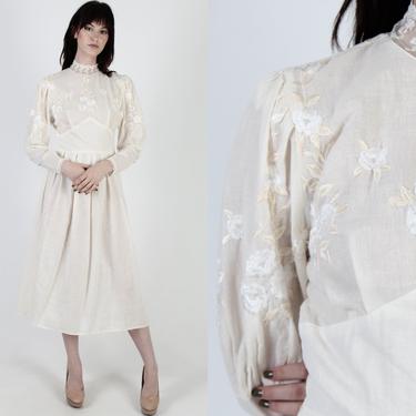 Ivory Linen Dress / 80s Off White Floral Embroidered / Victorian Inspired Dress / Garden Lawn Bridal Midi Mini Dress 