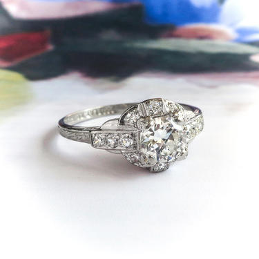 Art Deco 13 Diamond .73ct.tw. Engraved Engagement Ring Platinum 