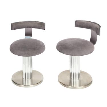 Design For Leisure Pair of Bar Stools in Chrome and Gray Ultrasuede 1970s