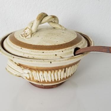1977 Mid-Century Art Pottery Stoneware Pot With Spoon , Signed . 