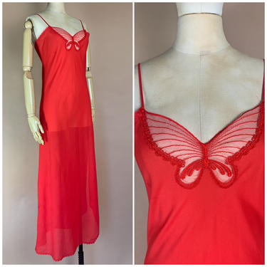 Vtg 70s Red Butterfly Chiffon Slip with High Vent / Papillon Maxi Lingerie Sleepwear with Slit / Women’s XS/S 