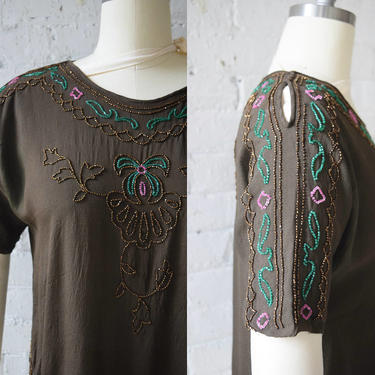 1920s Deco Beaded Silk Top | Brown | Medium 