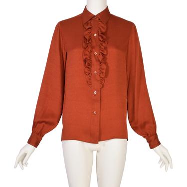 Yves Saint Laurent Vintage 1970s Rust Orange Ruffle Silk Jacquard Shirt