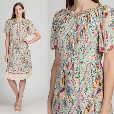 Vintage Silk Floral Flutter Sleeve Dress - Medium | Boho Fitted Waist Midi Sundress 