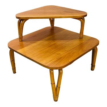 Vintage 1950s Rattan & Mahogany Corner Table