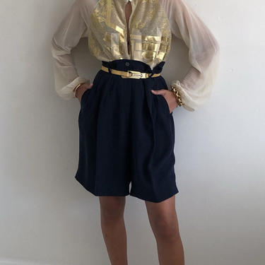 80s Anne Klein silk trouser shorts / vintage navy blue silk crepe high waisted pleated baggy cuffed shorts | 29 W 