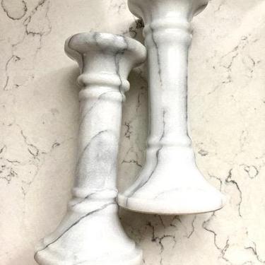 One Pair of Vintage White and Grey Marble Taper Candle Stick Holders by LeChalet