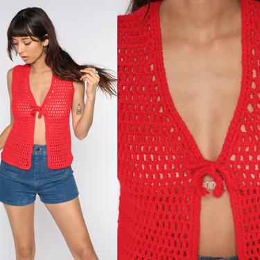 Crochet Vest Red Knit Top 70s Hippie Boho Vest Open Weave Sheer 1970s Vintage Bohemian Sleeveless Sweater Small S 