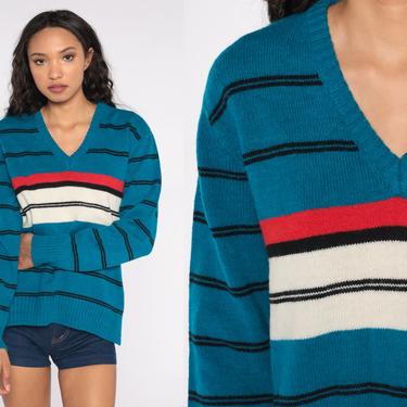 Turquoise Striped Sweater Knit V Neck 80s Slouchy Pullover Red White Black Stripes Le Tigre Oversized 1980s Vintage Knitwear Medium M 