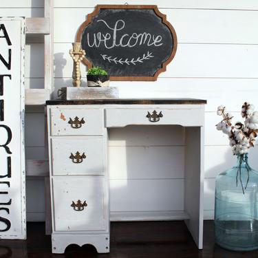 Vintage Desk with Black Washed Top and Distressed Grey\/White Base