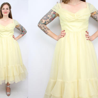 Vintage 70's Buttercup Yellow Prom Dress / Belle / Beauty and the Beast / Yellow Formal Dress / Spring / Ruffles / Women's Size Large by Ru