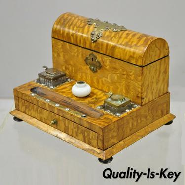19th Century English Burl Wood &amp; Rosewood Parkins &amp; Gotto Inkwell Desk Letterbox