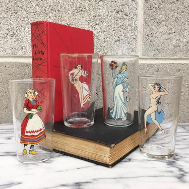 Vintage Naughty Glasses Set Retro 1940s  Meyercord + Peek-A-Boo + Pin-Up Girls + Set of 4 + Cocktail + Highball Glasses + Mature Content 