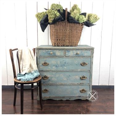 Antique Chippy Blue Cottage Dresser, Painted and Saltwashed 