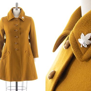 Vintage 1960s Coat | 60s Mustard Yellow Wool Princess Fit and Flare Retro Mod Winter Overcoat (small) 