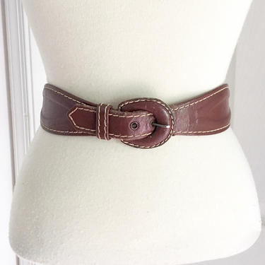 1952 Garay Brown Scalloped Leather Calfskin Belt White Stitching 