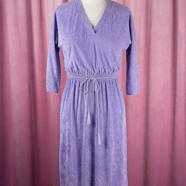 Vintage 1970s Melissa Petites Purple Terry Cloth Dress with Elastic Waist and Thin Rope Belt 