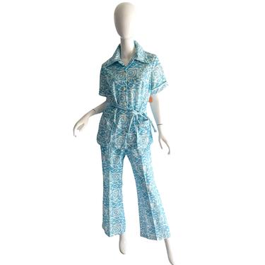 70s Hawaiian Tiki Bell Bottoms Pant Set / Vintage Mod Psychedelic NWT Pantsuit XL / 1970s Safari Pant Suit 