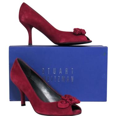 Stuart Weitzman - Burgundy Suede Peep Toe Pumps w/ Knotted Rose Design Sz 9