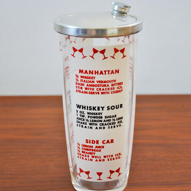 Vintage Glass Cocktail Shaker with Red, Black, and White with Classic Drink Recipe Graphics, Retro Barware 