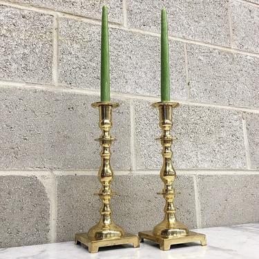 Vintage Candlestick Holders Retro 1980s Gold Brass Metal + 12 Inches Tall + Set of 2 Matching + Candle Holders + Home Decor + Lighting 