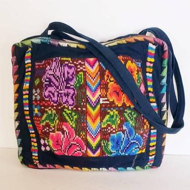1960s Hippie Bag Tapestry Weave Double Straps Navy Blue Multicolored Rainbow / 60s 70s Boho Cloth Handbag / Alana 