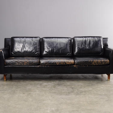 Edward Wormley Black Leather Sofa for Dunbar Mid Century Modern Couch 