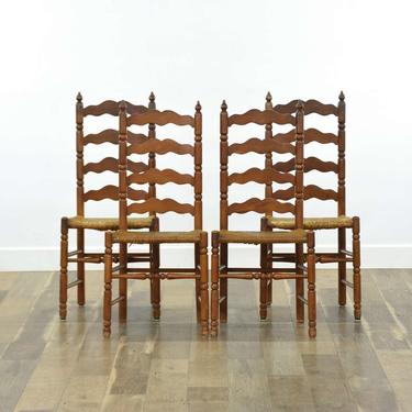 Set Of 4 Carved Shaker Style Ladder Back Dining Chairs