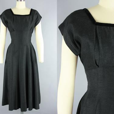 1950s Heathered Black Dress | Vintage 50s Dress with Gored Skirt and Velvet Trim | medium 
