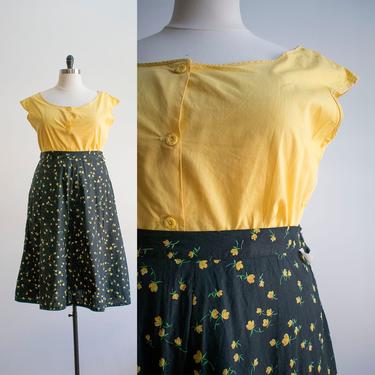 Vintage 1950s two piece outfit / Vintage 50s Matched Set / Skirt and Top / Black and Yellow Vintage Outfit / Plus Sized Vintage / Vintage XL 