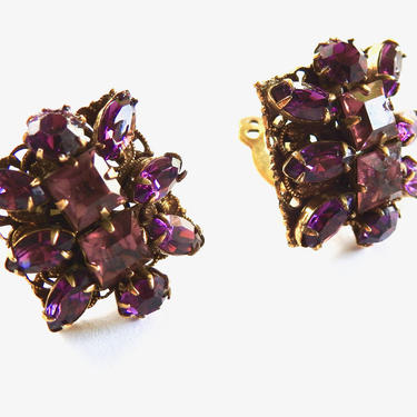 Mid Century Deep Rich Purple Rhinestone Earrings 