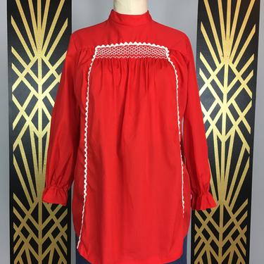 1960s tunic top, red cotton, vintage blouse, ric rac trim, mock neck, button back, mod, retro, maternity top, a-line shirt, tent blouse, 36 