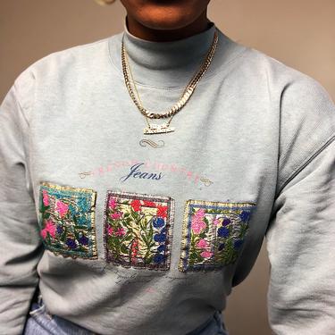 Vintage 1980s 1990s 90s Cotton Mock Neck Tshirt Sweatshirt Express EXP French Country Jeans Flowers Floral Metallic Nature Top Medium Large 