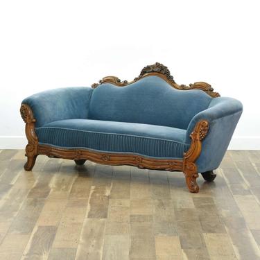 Carved Antique Empire Blue Velour Sofa