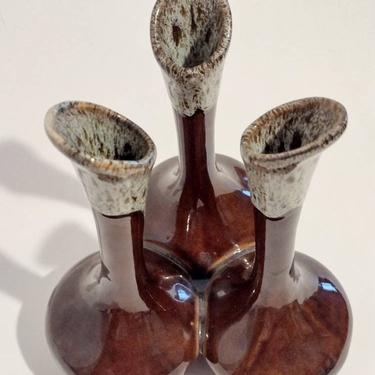 Mid Century Signed Van Briggle Triple Vase Artisan Pottery Glaze Ceramic Bud Vase Colorado 7" 