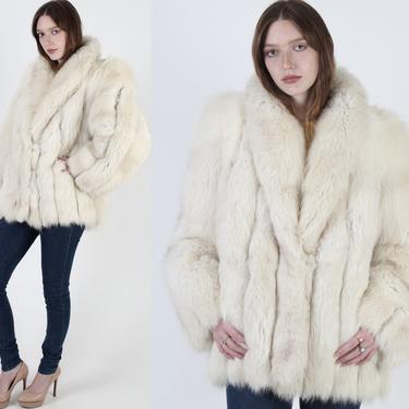 Plush Ivory Fox Fur Jacket / Womens Arctic Apres Ski Coat / Chubby Natural Striped Sleeves / Suede Panel Inlay Winter Overcoat 