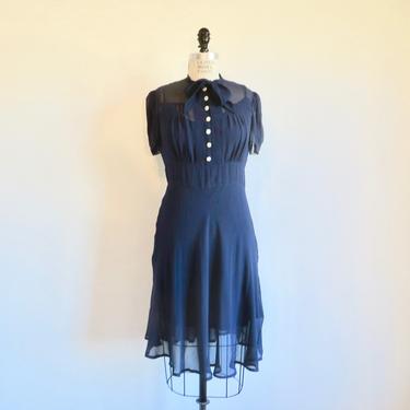 Vintage 1930's Style Navy Blue Silk Chiffon Day Dress Buttoned Bodice Neck Bow Bias Cut Polo Ralph Lauren Size 6 