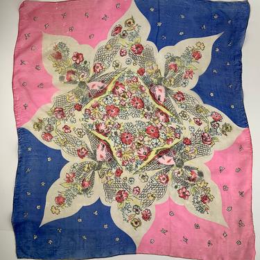1920'S-30'S SILK Gauze Scarf - All Sheer Silk - Sweet Floral Sketched Illustrations - Soft Vintage Colors - 31 Inches x 34 Inches 