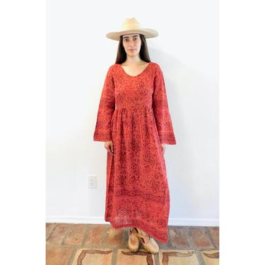 Indian Bouquet Dress // vintage boho hand blocked cotton hippie hippy maxi 70s high waist pink // S/M 