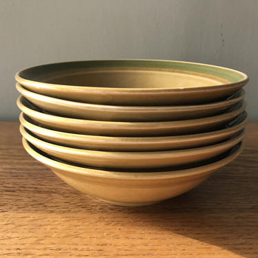 Mid Century Modern Ceramic Bowls Mustard Yellow with Green Rim 
