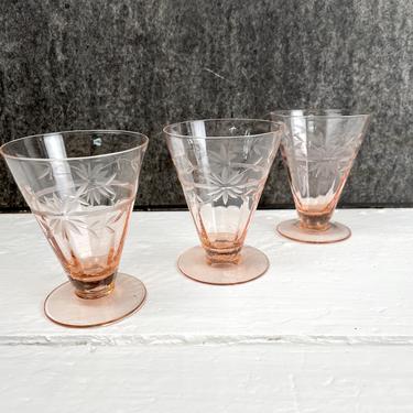 Cut floral pink cone juice glasses -  set of 3 - vintage elegant glass 