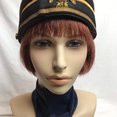 Vintage military hat~ 40’s 50’s black & gold bellboy style cap tam beret eagle crest gold stripes~ pinup rockabilly unisex size large 71/2 