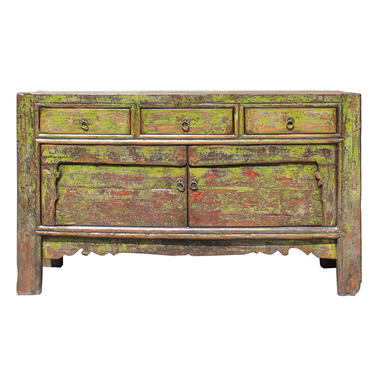 Chinese Distressed Lime Green 3 Drawers Sideboard Table Cabinet cs5195E 