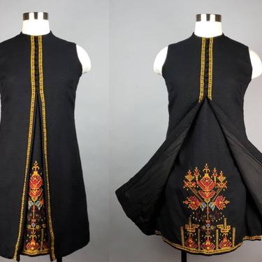 1960s Embroidered Folk Dress, Vintage Black Boho Shift Dress, Narodna Radinost Yugoslovia Serbian Needlepoint 